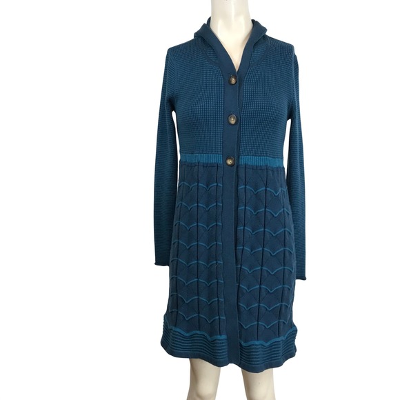 Title nine Sweaters - Title Nine Teal Blue Textured Knit Hooded Cardigan Dress Size M